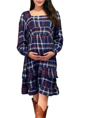 Romantic Gypsy Blue Plaid Peasant Ruffle Square Scoop Tunic Maternity Xl